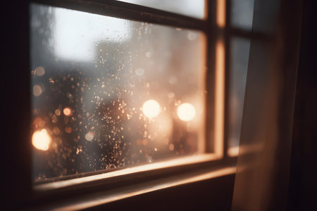Soft bokeh lights shimmer outside a rustic window, creating a warm atmosphere. The scene captures the charm of the evening in a lively urban setting.の素材