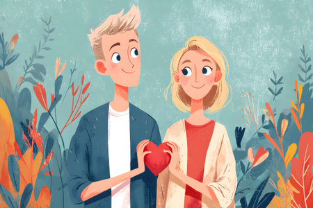 Two young people stand side by side, smiling at each other as they hold a red heart. Their cheerful expressions are framed by green tropical leaves, creating a bright and warm atmosphere.の素材