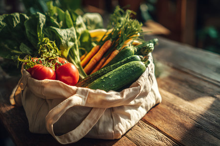 A burlap bag is overflowing with fresh vegetables like tomatoes, carrots, and cucumbers. The warm light of sunset casts a lovely glow on the wooden table.の素材