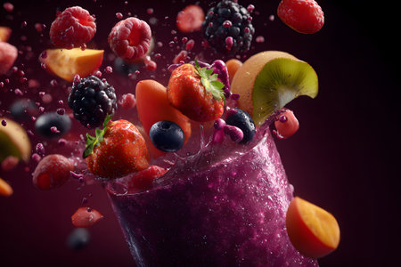 Three tall glasses of fruit smoothies burst with colors against a bright yellow background. Fresh fruits and mint leaves surround them, creating a lively scene.の素材