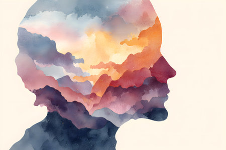 A serene silhouette of a person features a blend of watercolors depicting mountains and sky. Soft pastel colors create a peaceful sunset scene, evoking tranquility and introspection.の素材