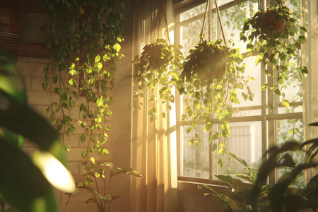 Sunlight filters through a window illuminating a rich display of green houseplants. Hanging planters and potted plants create a vibrant indoor oasis.の素材