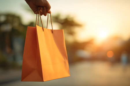 A person holds a vibrant shopping bag while walking on a sunny street adorned with warm autumn lights. The scene captures a joyful shopping moment in the evening glow.の素材