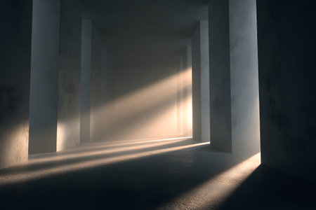 Sunlight filters through a wooden window, casting gentle shadows on the floor. The atmosphere feels calm and peaceful, highlighting the beauty of natural light in a simple, empty space.の素材
