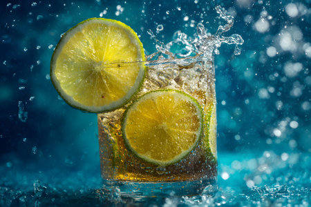 A glass filled with a fizzy beverage and fresh lime slices is splashing in water, creating an energetic scene. The vibrant blue background enhances the refreshing feel.の素材