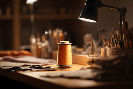 A wooden table is filled with sewing supplies, including spools of thread and scissors, illuminated by a warm lamp. The scene captures a serene crafting moment at night.の素材
