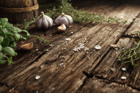 Garlic cloves and crystals of coarse salt are arranged on a weathered wooden surface, showcasing ingredients for flavoring dishes. The rustic setting highlights culinary preparation.の素材