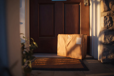 A cardboard box rests quietly at the front door of a house during a sunny afternoon. The warm light casts soft shadows, hinting at a peaceful outdoor scene.の素材