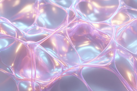 Soft and translucent bubbles intertwine in shades of pink and blue, creating a colorful and smooth abstract design. The gentle lines and reflections add depth and texture to the scene.の素材