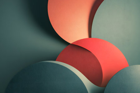 Brightly colored abstract shapes intertwine in a dynamic arrangement, showing smooth curves and shadows that enhance the composition. The colors combine to create a lively atmosphere.の素材