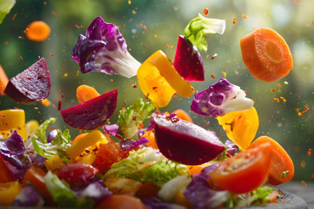 Various vegetables, including beets, carrots, and lettuce, are floating above a dark surface, creating a vibrant and dynamic scene in a natural outdoor setting.の素材