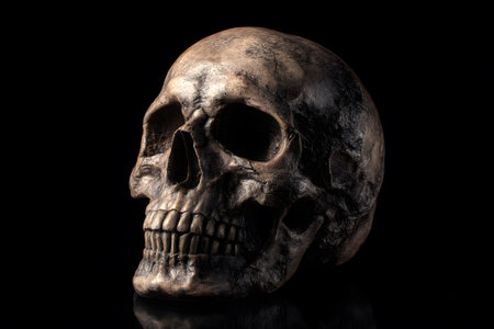 A detailed skull is positioned against a black backdrop, showing its texture and features. This striking visual emphasizes the shape and intricacies of the human skull.の素材