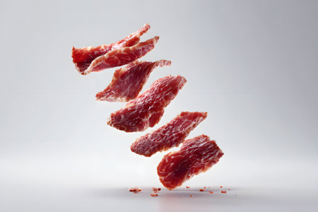 Thin slices of cured meat hover mid-air, showing their rich color and delicate texture. The background is bright, emphasizing the meat's quality and visual appeal.の素材