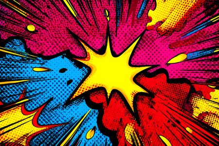 Bright colors burst in a comic-style explosion, featuring shades of pink, blue, yellow, and red. The design captures energy and excitement with a dramatic, bold style.の素材
