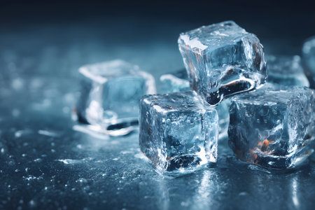 A group of clear ice cubes rests on a dark reflective surface. The cool blue tones create an atmospheric mood, suggesting a calm evening. The ice appears fresh and crisp.の素材
