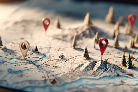 A detailed illustrated map features scenic landscapes, whimsical drawings, and colorful markers pointing to various locations. The artistic style adds a playful touch to the cartography.の素材