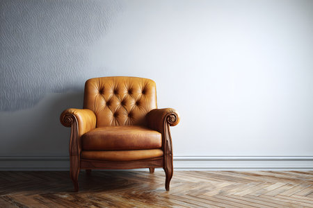 A stylish brown leather armchair with tufted design is positioned against a plain white wall. The wooden floor adds warmth to this inviting space.の素材