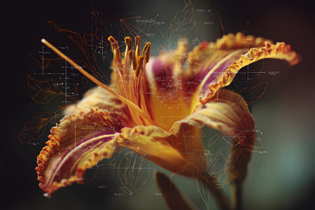 A close view of a striking flower showcases its delicate petals and intricate stamens. Behind it, scientific drawings add a unique touch, blending nature with knowledge.の素材
