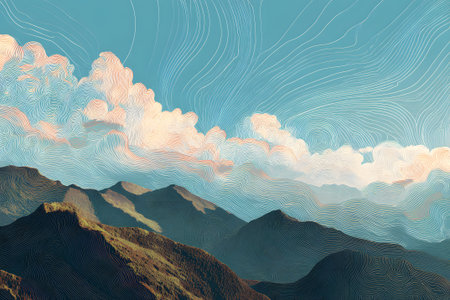 This artwork showcases a vibrant, abstract landscape with layered mountains, fluffy clouds, and a mix of colors that evoke a serene sunset atmosphere. The scene is calming and visually engaging.の素材