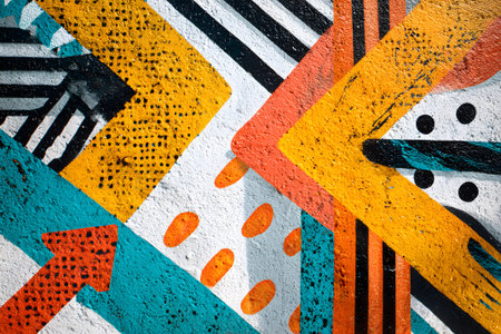 Brightly colored arrows in shades of blue, yellow, orange, and pink decorate a concrete wall in an urban area. The artwork creates an energetic and dynamic atmosphere.の素材