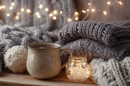 Soft blankets are neatly arranged with a knitted hat on top, next to a warm cup of coffee. Twinkling lights create a cozy winter atmosphere perfect for relaxation.の素材
