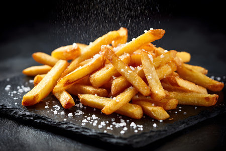 A serving of crispy golden fries sits on a dark slate plate. They are lightly sprinkled with sea salt, showcasing a delicious and tempting snack perfect for sharing.の素材