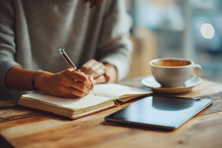A person with a pen writes in a notebook on a wooden table. A cup of coffee sits nearby, and a tablet is also present. The atmosphere feels warm and inviting.の素材