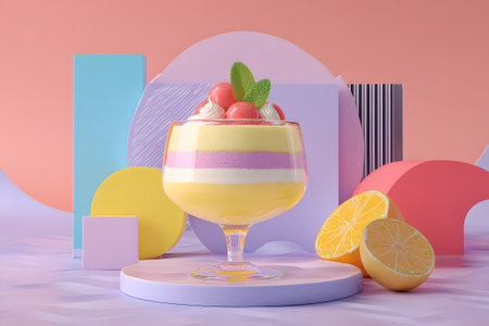 Colorful dessert in a glass with fresh fruit and playful shapes on a pastel backgroundの素材