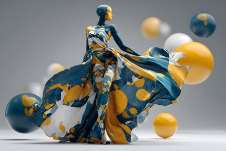 Colorful model in artistic dress surrounded by vibrant spheres in a creative studio settingの素材