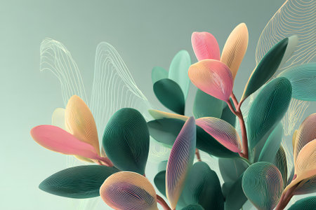 Colorful abstract paper leaves create a modern art display in a serene setting with soft pastel tonesの素材