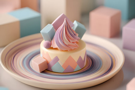 Colorful dessert with pastel decorations and geometric shapes on a decorative plateの素材