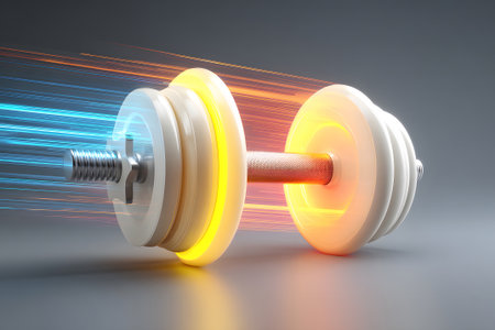 Abstract view of a glowing dumbbell with motion effects suggesting speed and energy during a workout sessionの素材
