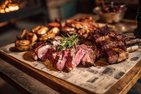 Delicious collection of grilled meats on a rustic wooden platter at a cozy gatheringの素材