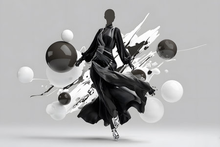 Fashion model showcasing a black and white dress with artistic splashes and bold shapes in a creative settingの素材