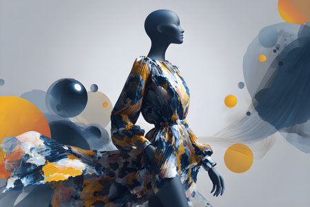 Fashion mannequin displays a vibrant dress amid colorful abstract shapes in a modern settingの素材
