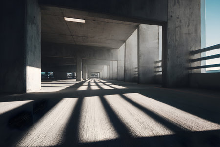 Sunlight streams through openings in a concrete parking structure, casting long shadows on the smooth surface below, creating a unique atmosphere.の素材