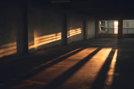 Sunlight streams through openings in a concrete parking structure, casting long shadows on the smooth surface below, creating a unique atmosphere.の素材