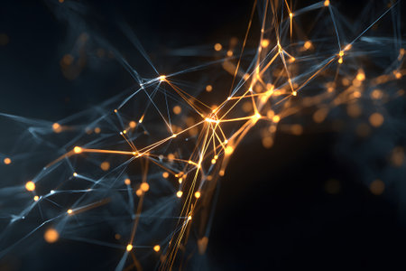 Glowing particles and lines form an abstract network in a dark space, showcasing a visual representation of connectivity and dynamic movement in a tech-inspired scene.の素材
