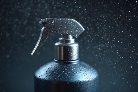 A close-up view of a black spray bottle featuring droplets of water. The background is blurred, creating a cool, misty effect that adds depth to the scene.の素材