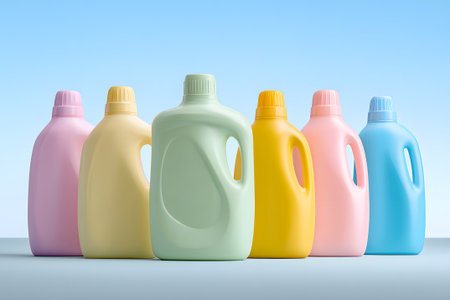A row of six brightly colored detergent bottles, in pastel shades of green, yellow, and pink, stands neatly aligned against a clear blue sky, showing modern packaging designs.の素材