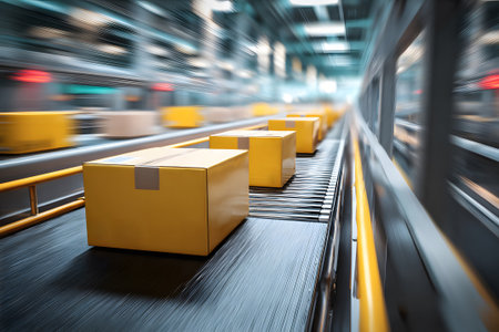 Bright yellow packages flow along a conveyor belt in a bustling distribution center. Workers oversee the processing, ensuring efficient delivery during peak hours.の素材