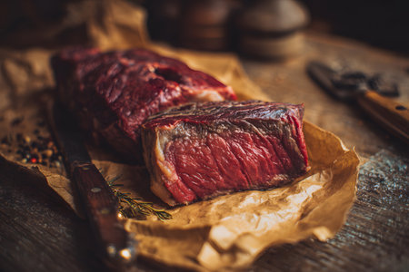 Fresh cut of beef on rustic wooden table with herbs and spices ready for cookingの素材