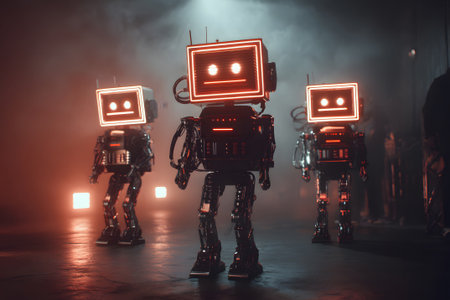 Robots perform synchronized dance routine in a dimly lit stage with neon lightsの素材