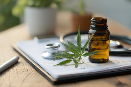 Cannabis oil bottle placed on a medical desk with a stethoscope and green plant nearbyの素材
