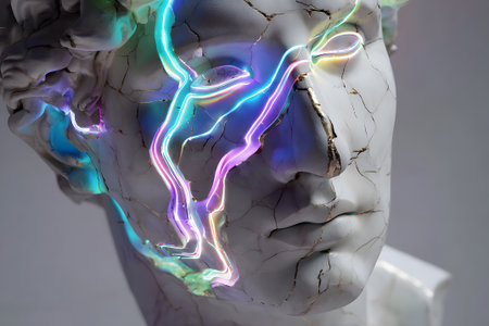 Modern blend sculptures classical features with vibrant neon light effects highlighting cracks and detailsの素材