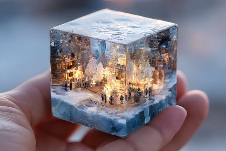 Handheld ice cube showcases a miniature winter village with glowing lights and snowy treesの素材