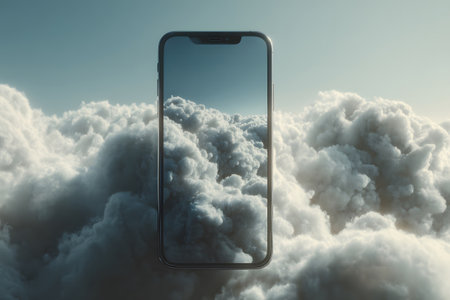 Cloudy landscape reflected in smartphone screen above soft white clouds in a bright skyの素材