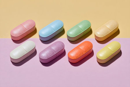 Colorful assortment of capsules arranged on a soft pastel backgroundの素材