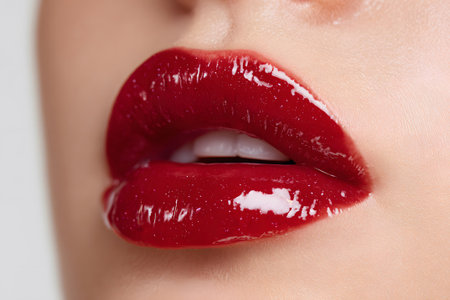 Glossy red lips highlighted in a close-up beauty shot with smooth shine and rich colorの素材