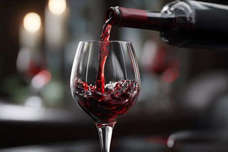 Pouring red wine into a crystal glass for a special occasion in a cozy settingの素材
